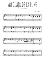 Téléchargez l'arrangement pour piano de la partition de comptine-au-clair-de-la-lune en PDF, niveau moyen